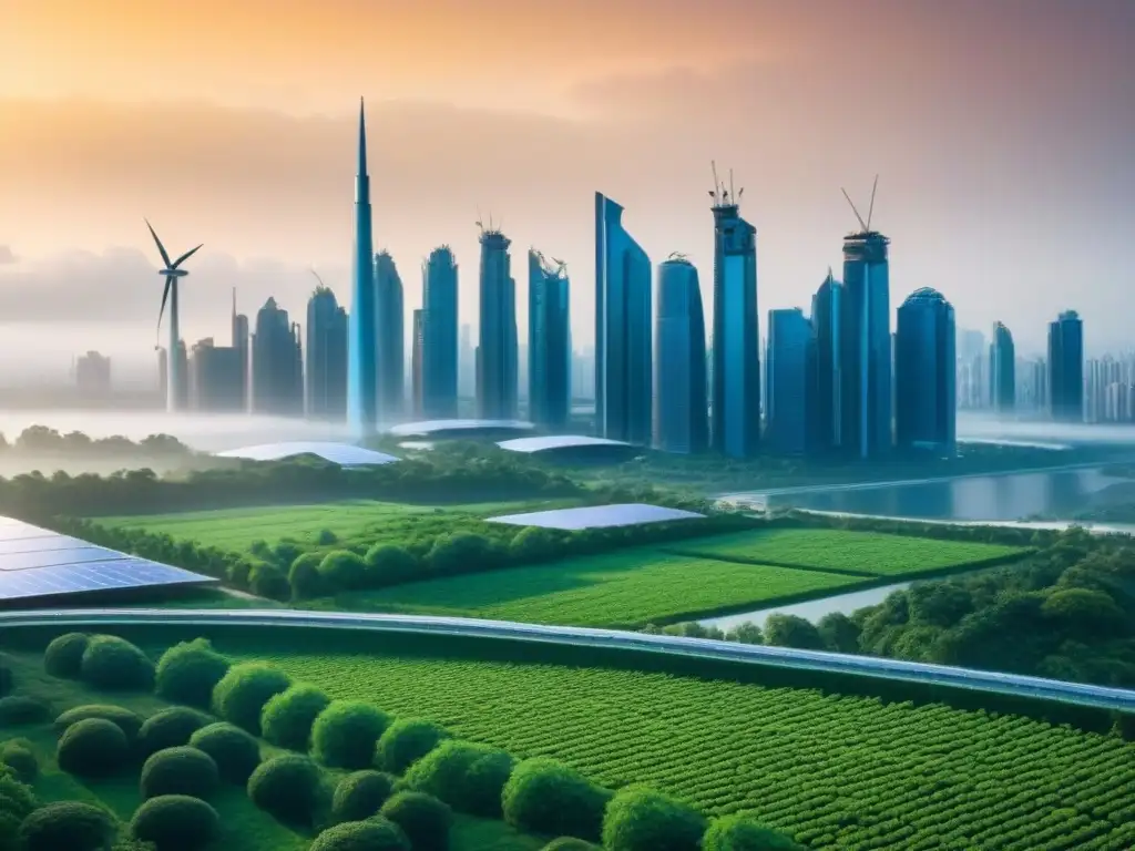 Horizonte verde: ciudad futurista ecofriendly con energía renovable Futurista skyline de ciudad verde con paneles solares y turbinas eólicas, integrando propiedades e incentivos fiscales verdes