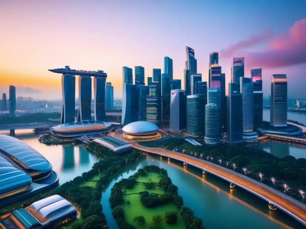 Horizonte futurista de Singapur: drones, trenes y atardecer vibrante Futurista skyline de Singapur con drones y trenes de alta velocidad