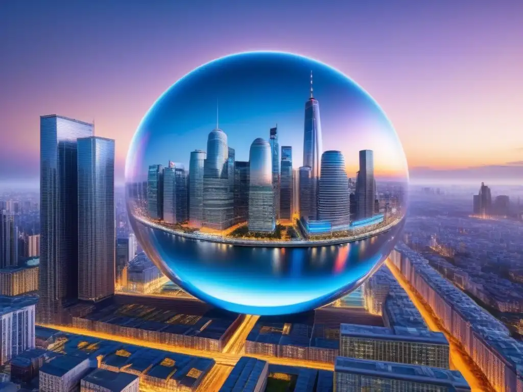 Inversión inmobiliaria global con IA: metrópolis futurista Futurista skyline nocturno con profesionales y globo holográfico, reflejando la inversión inmobiliaria internacional con Inteligencia Artificial