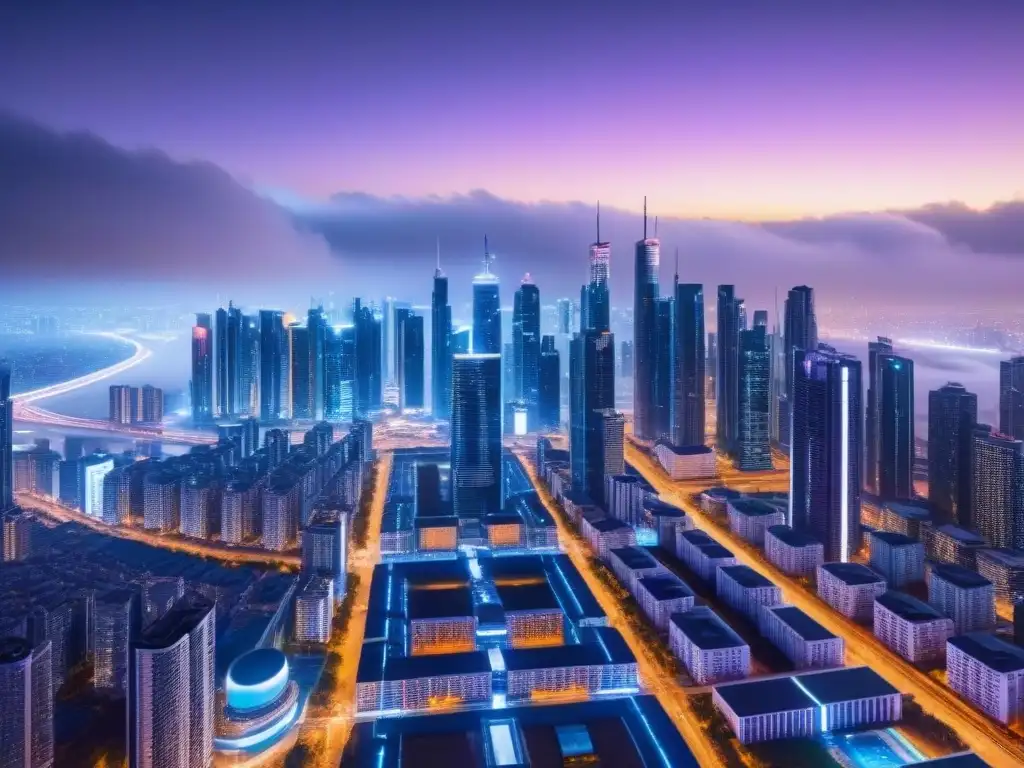 Skyline futurista nocturna: innovación en PropTech Futurista skyline nocturno con rascacielos iluminados por luces de neón y tecnología avanzada