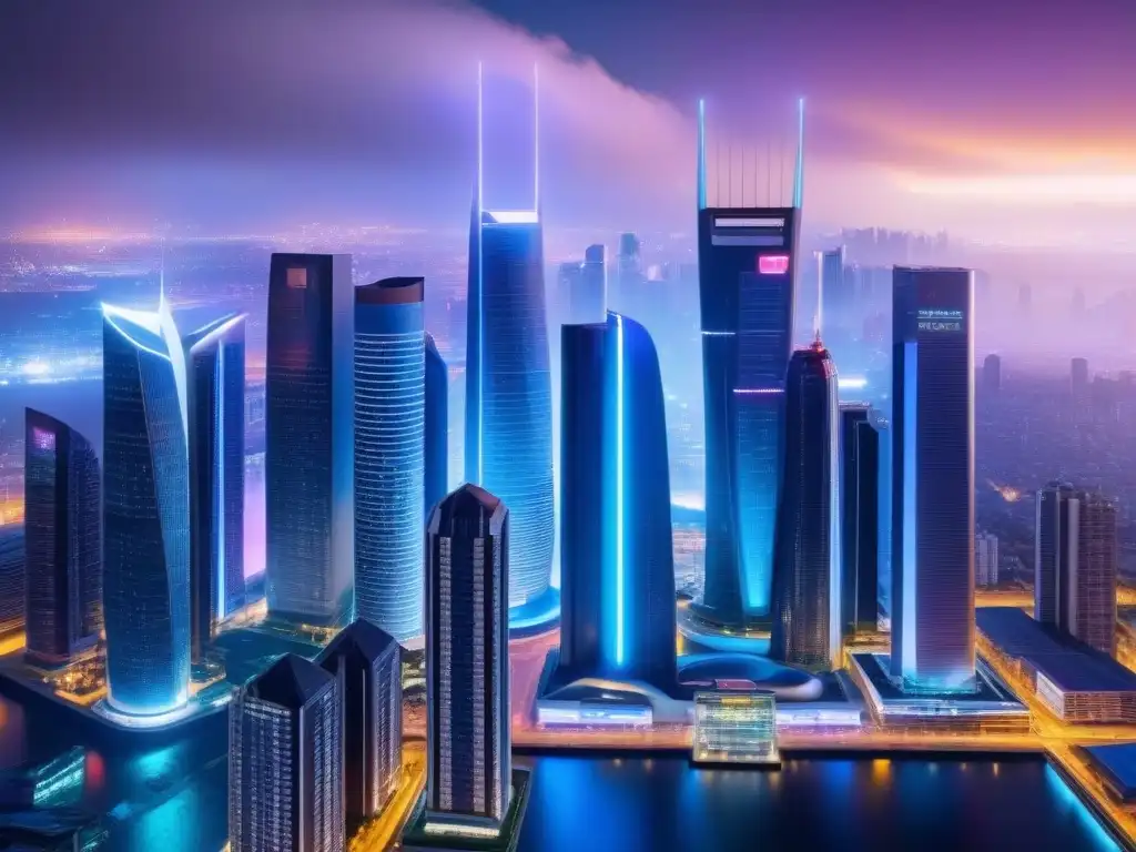 Skyline futurista iluminado por neón: sinergias posfusiones inmobiliarias Futurista skyline con rascacielos interconectados y luces neón vibrantes, reflejando sinergias postfusión mercado inmobiliario internacional