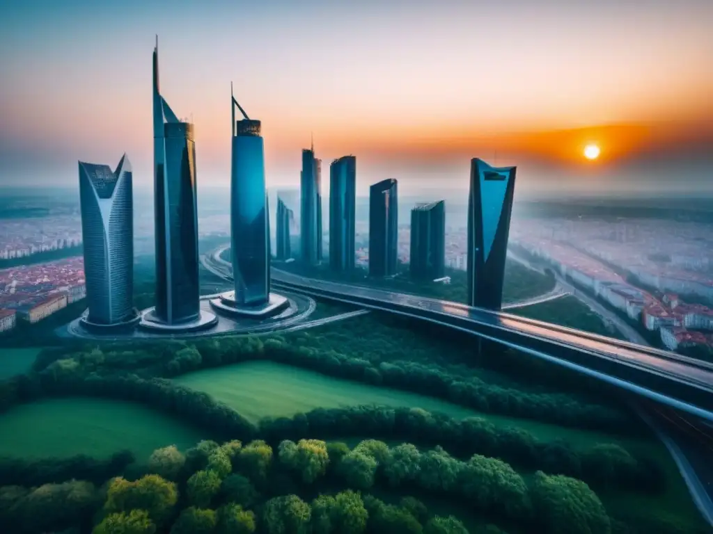 Horizonte futurista en Europa del Este: 8k detallado Futurista skyline en Europa del Este con rascacielos modernos y naturaleza exuberante al atardecer