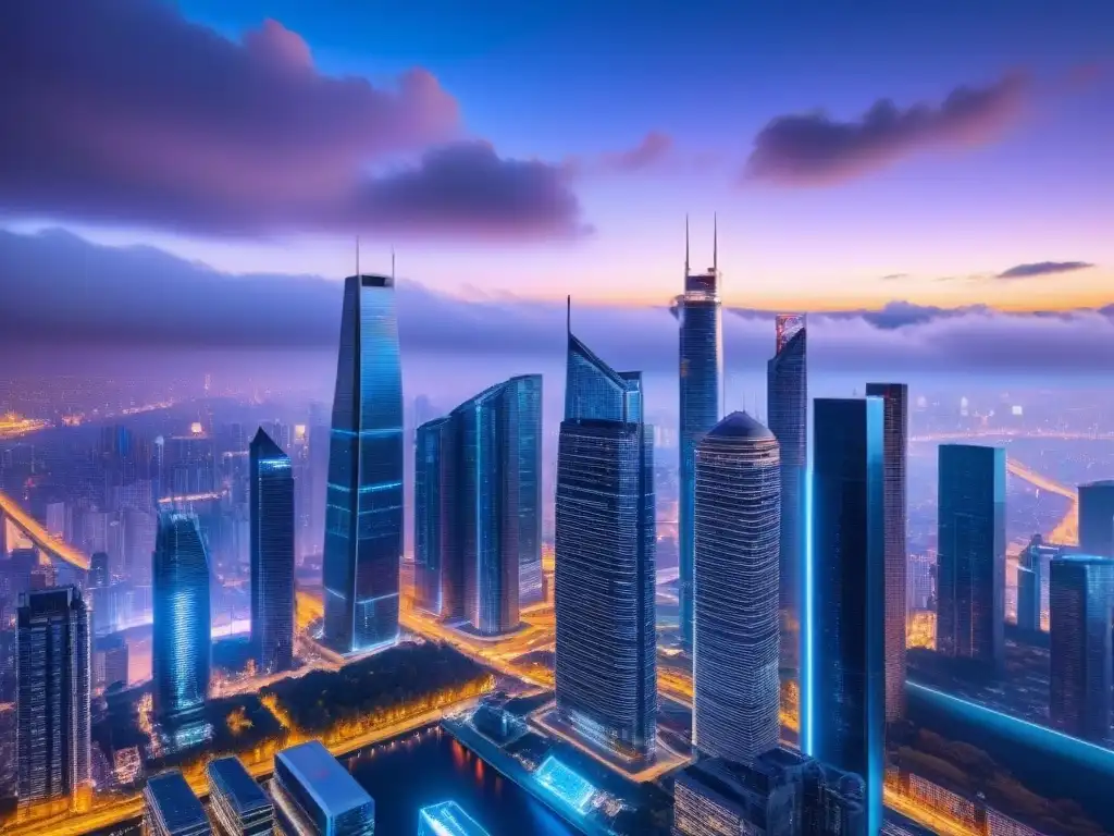 Horizonte urbano futurista con blockchain en el mercado inmobiliario Futurista skyline urbano con aplicaciones blockchain mercado inmobiliario, edificios iluminados con luces de neón