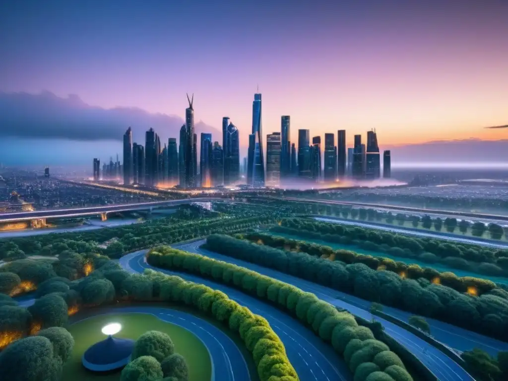 Horizonte futurista: ciudad innovadora en 8k Futurista skyline urbano al atardecer, con rascacielos brillantes y sistemas de transporte avanzados