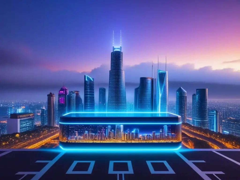 Horizonte futurista: transacciones blockchain en tiempo real Futurista skyline urbano al anochecer con blockchain en mercado inmobiliario
