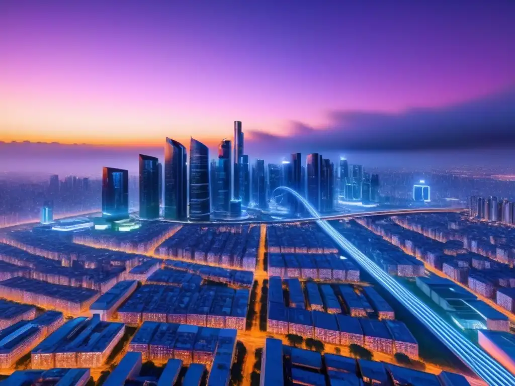 Metrópolis futurista: Ciudad inteligente con drones y luz neon Futurista skyline urbano con edificios iluminados por luces de neón, drones y redes de automatización