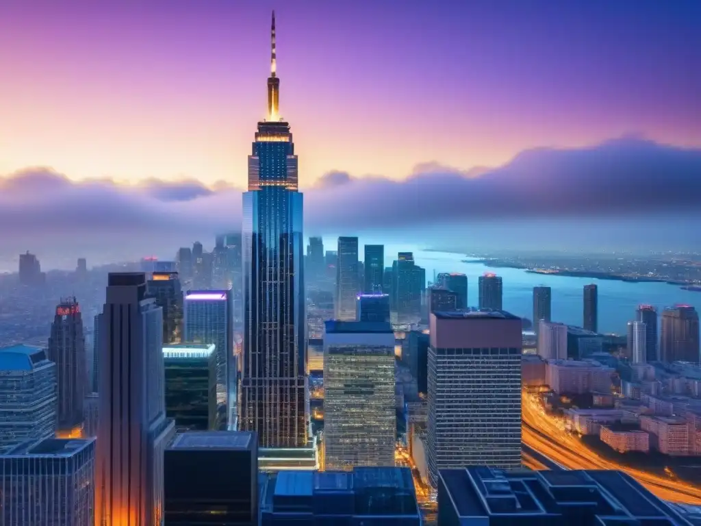 Inversiones inmobiliarias globales con blockchain Un futurista skyline urbano con inversiones inmobiliarias internacionales blockchain