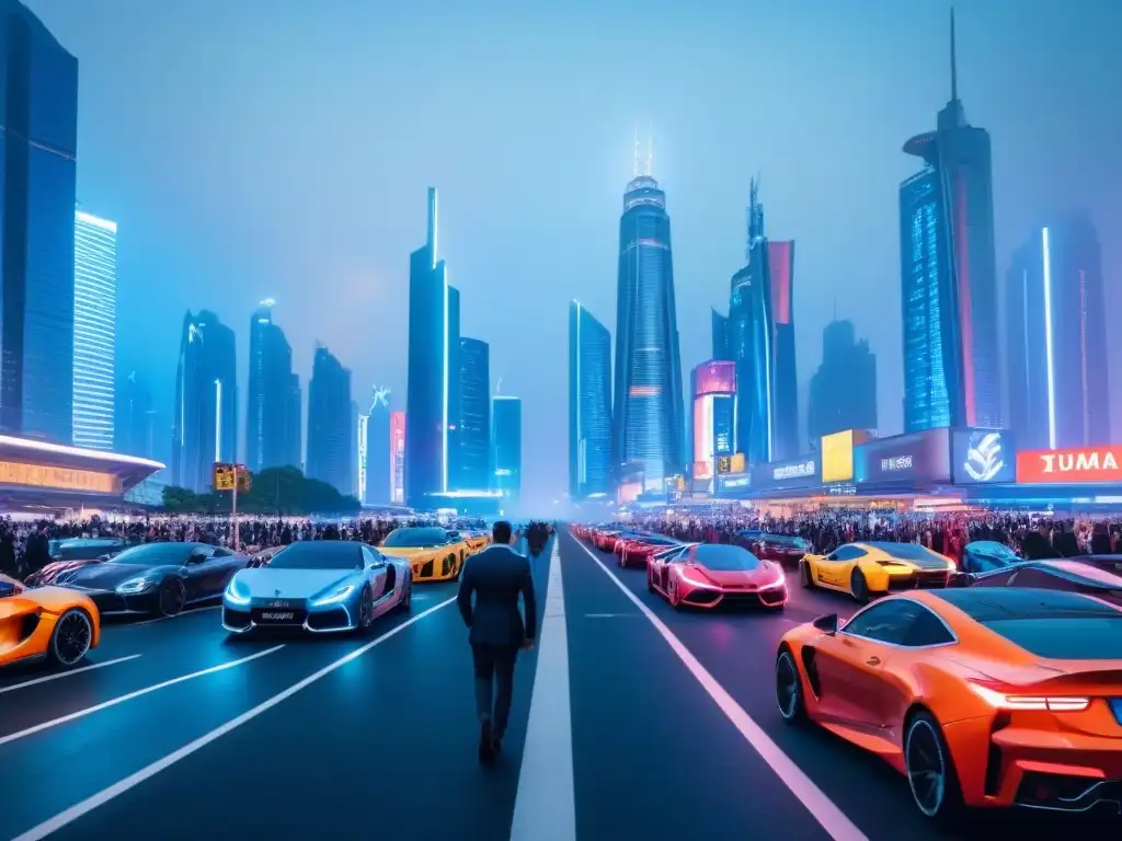 Futurista ciudad nocturna: skyline de vidrio y neón Futurista skyline urbano al anochecer con rascacielos de cristal y luces neón, reflejando tendencias mercado inmobiliario internacional