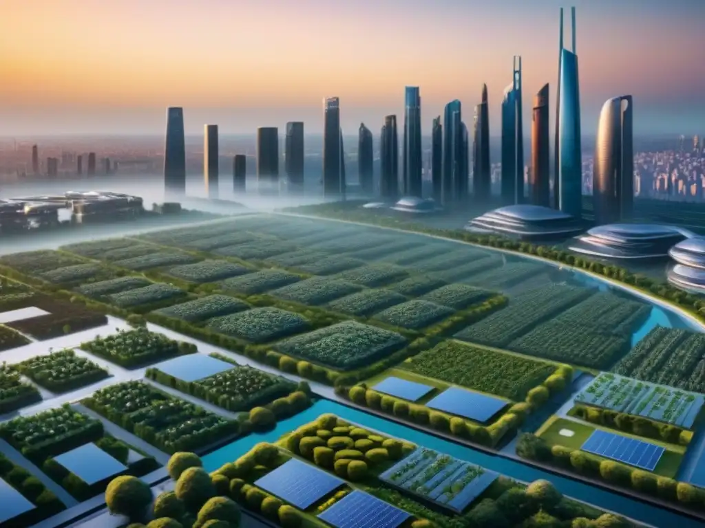 Horizonte futurista: ciudad innovadora y sostenible Futurista skyline urbano con tecnologías disruptivas y naturaleza, financiamiento viviendas