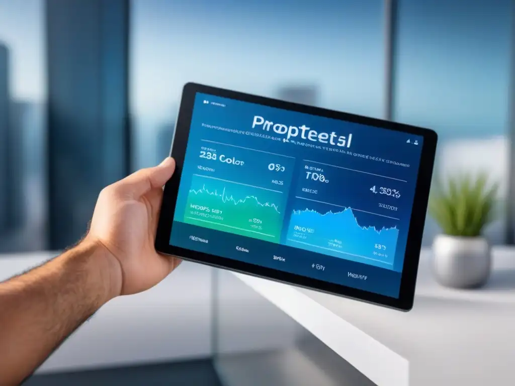 Interfaz PropTech futurista de alta tecnología en tablet 8k Un futurista y sofisticado panel de control de PropTech en tableta, ideal para inversionistas globales