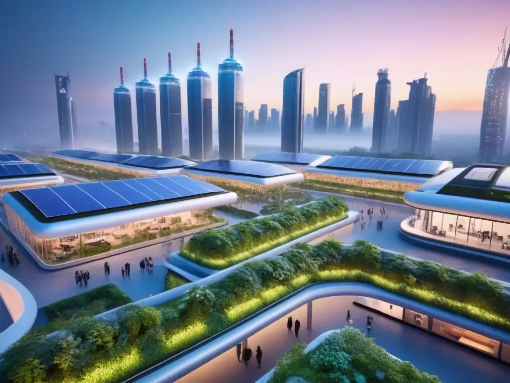 Metrópolis futurista: armonía entre naturaleza y tecnología Futurista metrópolis sostenible con rascacielos iluminados por luces neón, vehículos eléctricos y diseño urbano integrado