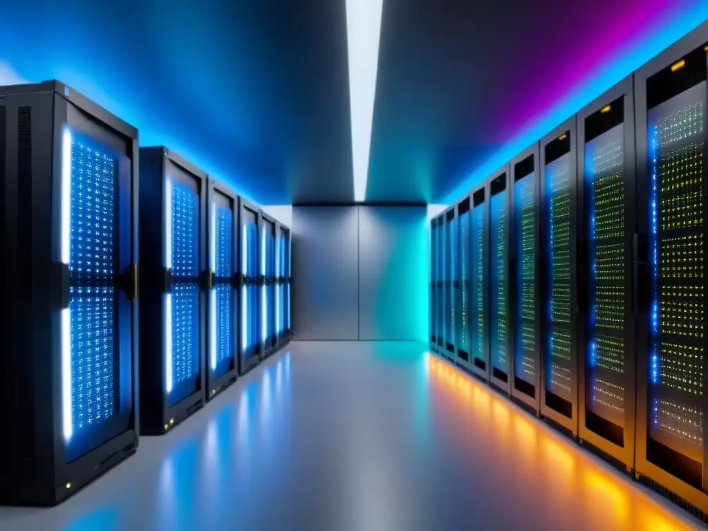 Data center futurista: tecnología de vanguardia en un entorno minimalista Un data center futurista con tecnología de vanguardia, servidores alineados y luces LED vibrantes, ideal para inversiones inmobiliarias tech globales