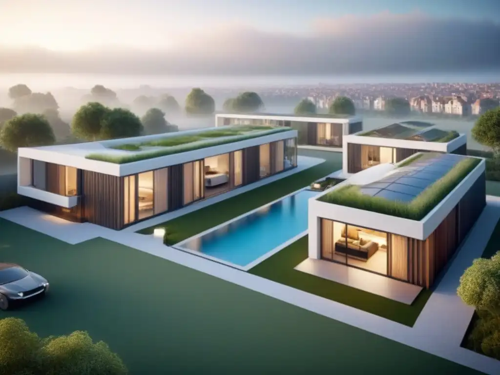 Diseño de vivienda futurista multicultural y sostenible Diseño futurista de viviendas con impacto de migración, integrando elementos culturales y espacios verdes
