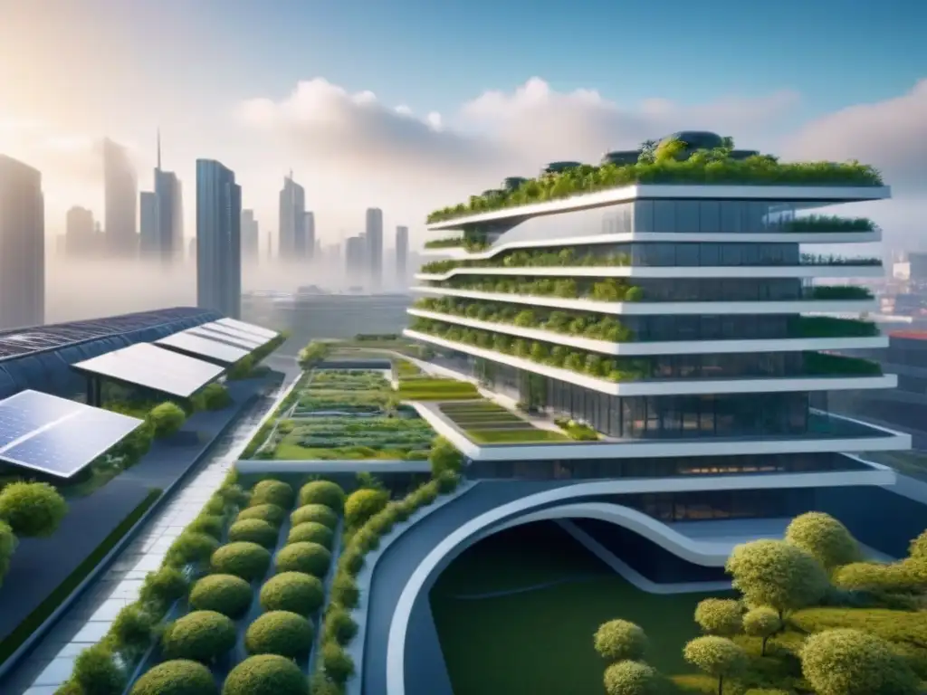 Edificio sustentable futurista con tecnología blockchain en ciudad moderna Futuro blockchain inmobiliario sostenible: edificio futurista con arquitectura elegante, jardines solares y nodos digitales