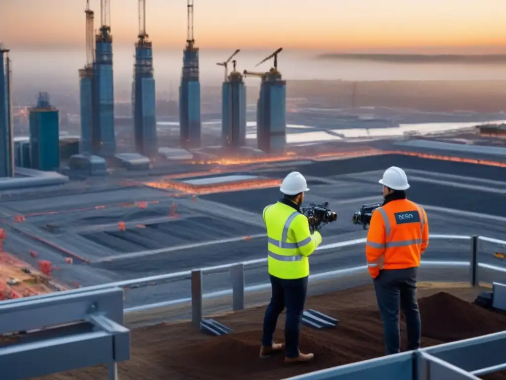 Construcción futurista con seguridad avanzada: humanos y robots colaborando Un futuro de construcción con normativas de seguridad avanzadas integradas