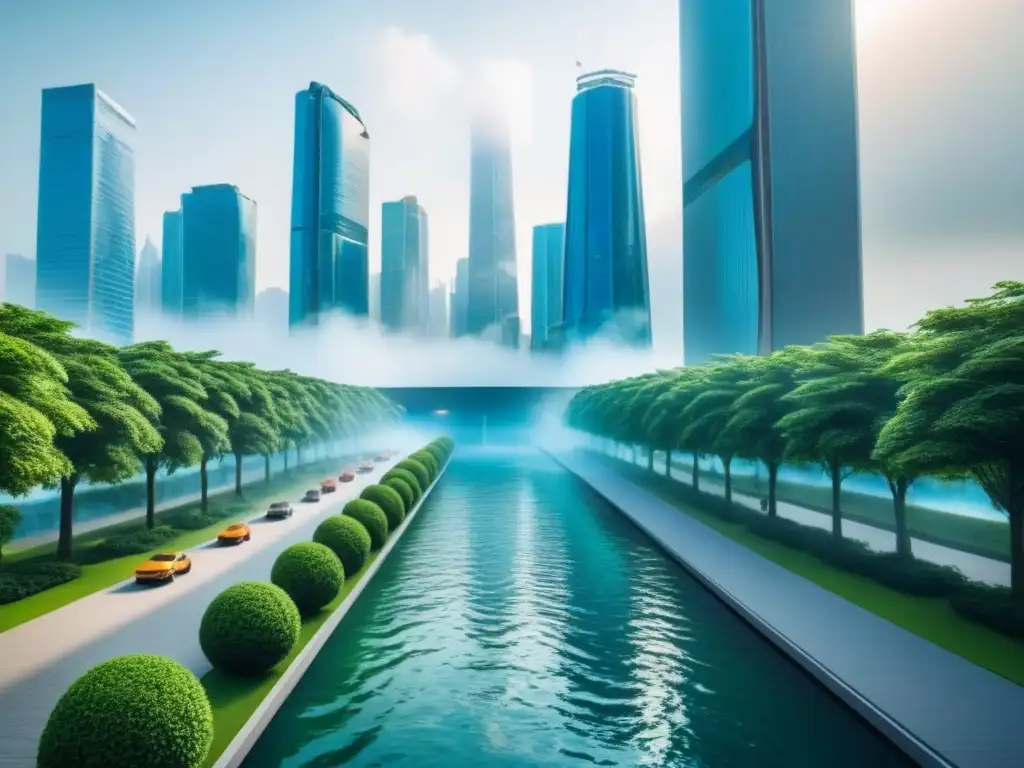 Metrópolis futurista en armonía con la naturaleza Futuro fusiones adquisiciones inmobiliarias: Ciudad futurista con rascacielos y naturaleza integrada en armonía