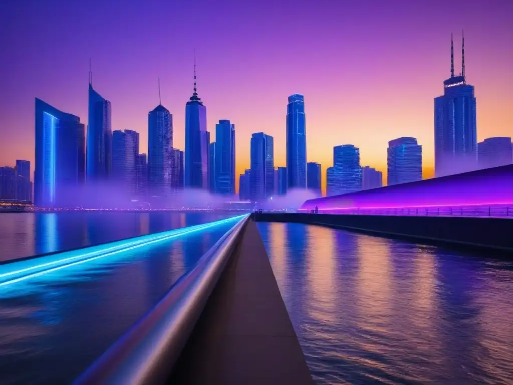 Metrópolis futurista: rascacielos iluminados en 8k Futuro inmobiliario: ciudad futurista con rascacielos iluminados por luces de neón en reflejo en un río al anochecer