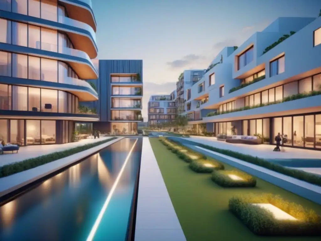 Desarrollo inmobiliario integrado del futuro: arquitectura moderna, espacios verdes y vida urbana vibrante en 8k Un futuro integrado: Desarrollos inmobiliarios rentables con arquitectura moderna, espacios verdes y áreas mixtas vibrantes