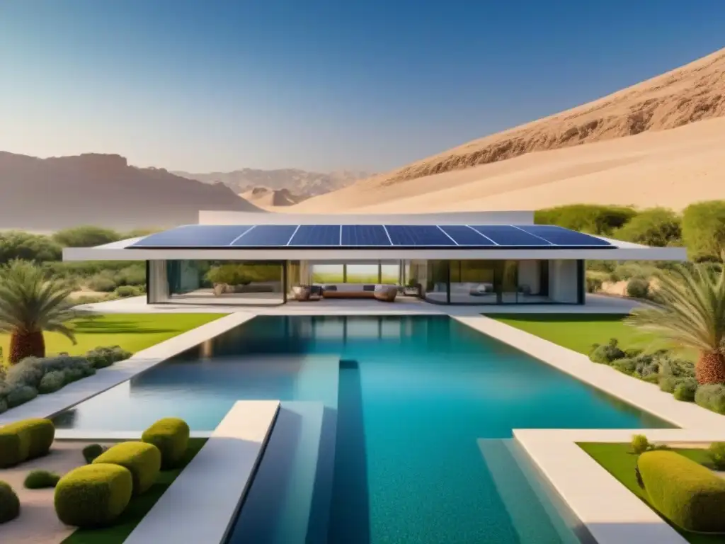Propiedad de lujo futurista en Medio Oriente: arquitectura innovadora y tecnología avanzada Futuro de lujo en Medio Oriente: propiedad con tecnología innovadora y diseño vanguardista, rodeada de jardines exuberantes y paisaje desértico