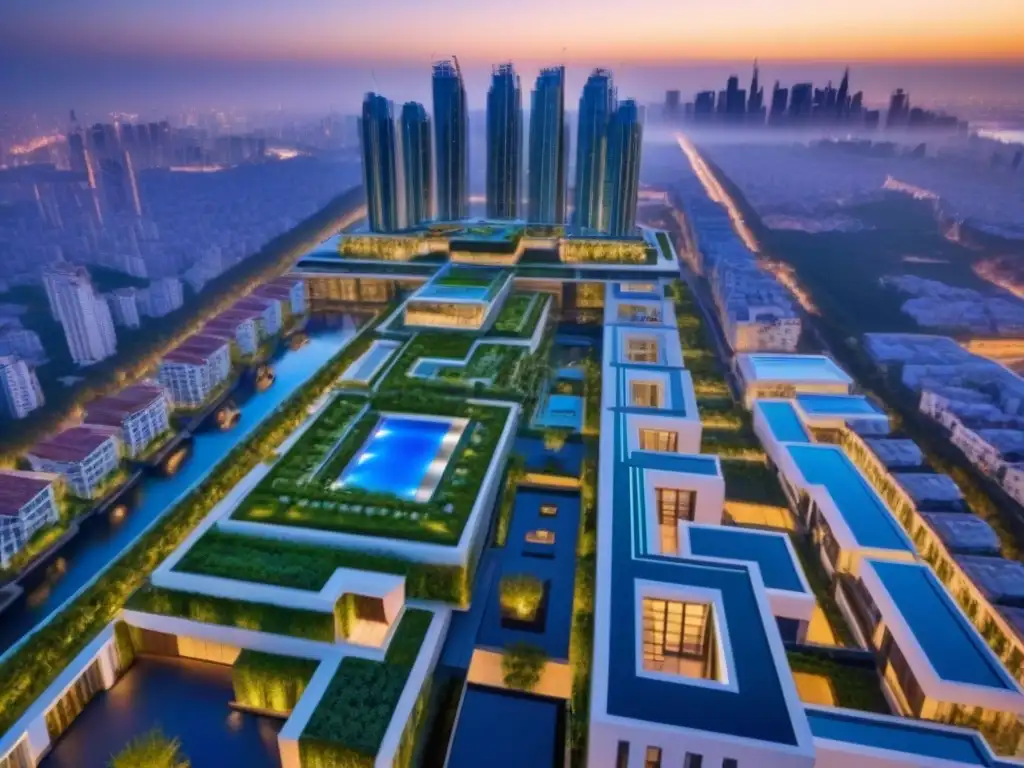 Viviendas de lujo futuristas en ciudad moderna Un futuro de lujo urbano: ciudades pioneras bienes raíces lujo en innovadoras torres con jardines en la azotea y fachadas de vidrio