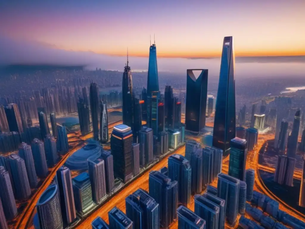 Cityscape futurista en 8k: mercado internacional vibrante al atardecer Futuro mercado: ciudad futurista con rascacielos, transporte avanzado y mercados vibrantes bajo la luz del atardecer