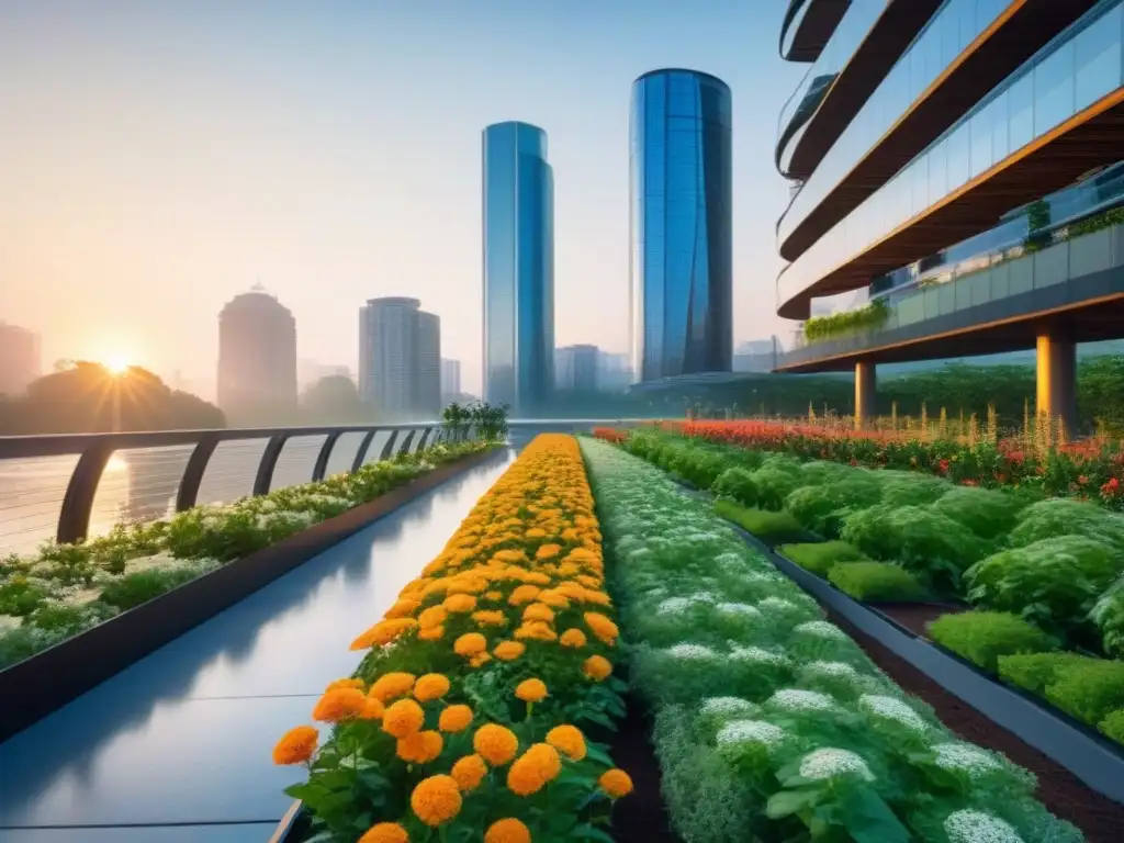 Metrópolis sostenible: arquitectura verde y futurista al atardecer Un futuro sostenible: arquitectura verde, energía renovable y naturaleza