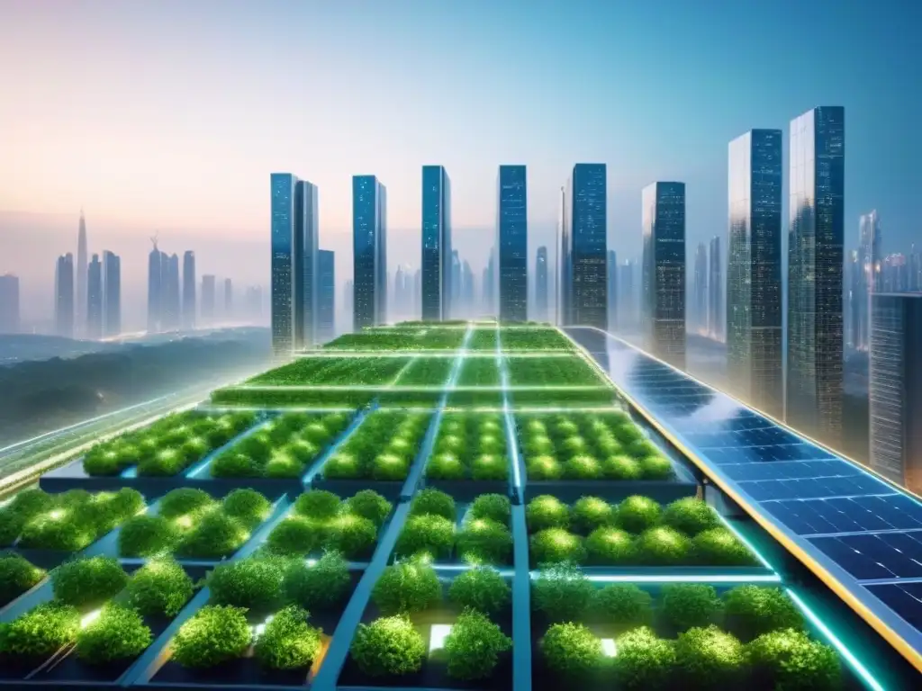 Skyline futurista: Integración de blockchain en la industria inmobiliaria Un futuro sostenible con Blockchain inmobiliario integrado en una ciudad futurista