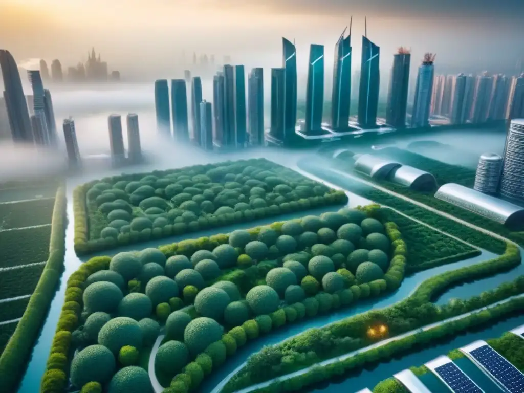 Metrópolis verde del futuro: armonía entre naturaleza y tecnología Un futuro sostenible: ciudad con edificios verdes, paneles solares y jardines verticales