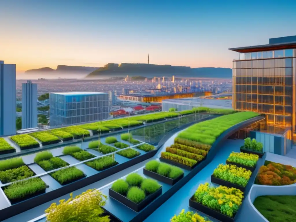 Metrópolis sostenible: Ciudad futurista ecoamigable en 8k Un futuro sostenible: ciudad ecológica con edificios verdes, paneles solares y jardines verticales