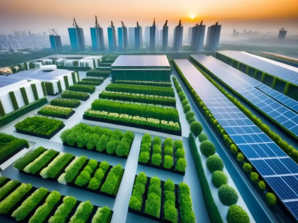 Vista aérea: Ciudad sostenible con edificios modernos y jardines en azoteas Un futuro sostenible: ciudad con edificios modernos, huertos en azoteas y paneles solares