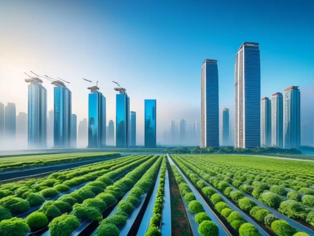 Metrópolis sostenible: arquitectura innovadora en armonía con la naturaleza Un futuro sostenible: ciudad con rascacielos ecológicos rodeados de vegetación, reflejando inversión en terrenos sin desarrollar