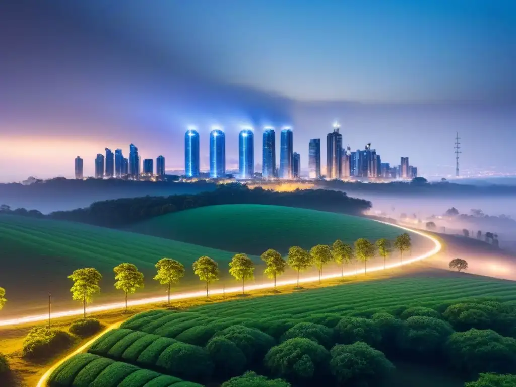 Metrópolis sostenible: armonía entre modernidad y naturaleza Un futuro sostenible: ciudad vibrante con arquitectura verde y energías renovables, impacto cambio climático ciudades futuro