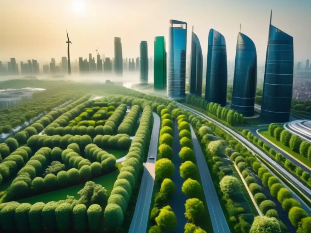 Metrópolis eco sostenible: armonía entre ciudad y naturaleza Un futuro sostenible: ciudad vibrante con edificios eco, espacios verdes y energías renovables