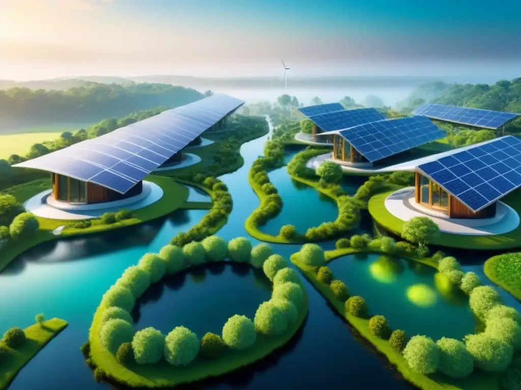 Ecovilla futurista: arquitectura sostenible en armonía con la naturaleza Un futuro sostenible en ecovillas: arquitectura verde integrada en el paisaje, comunidad diversa y actividades ecoamigables