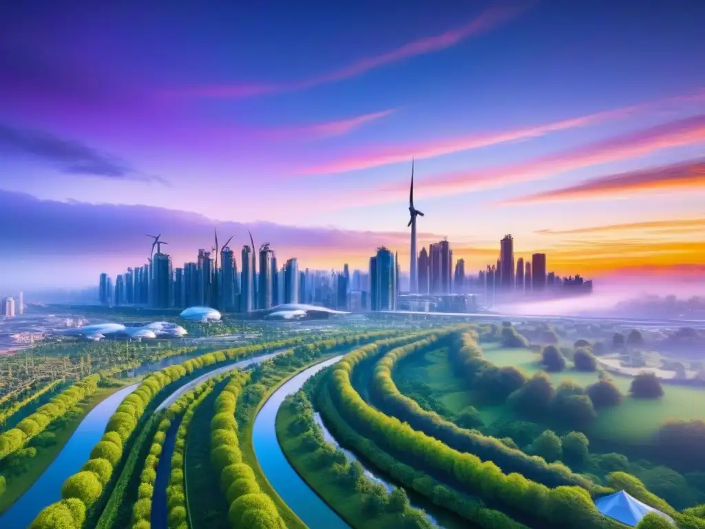 Metrópolis futurista sostenible: ciencia ficción eco-amigable en 8k Futuro sostenible: impacto cambio climático ciudades futuro con rascacielos verdes y transporte público avanzado integrado