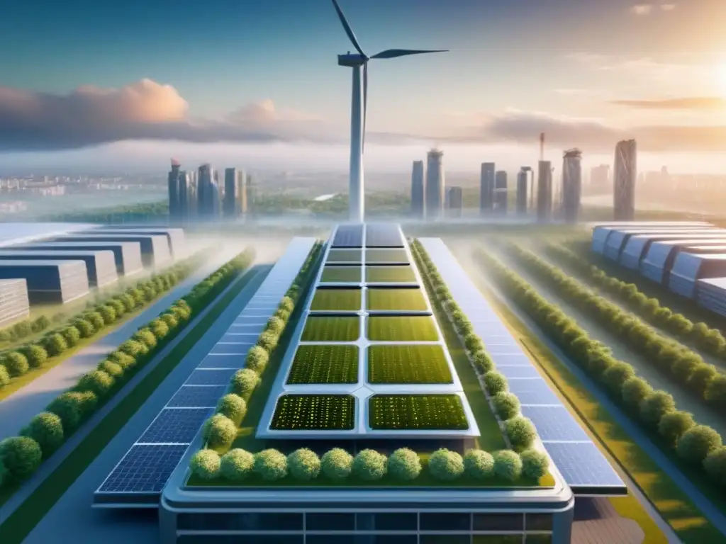 Rascacielos futurista con energía renovable Un futuro sostenible: rascacielos con paneles solares, turbinas eólicas y arquitectura vanguardista