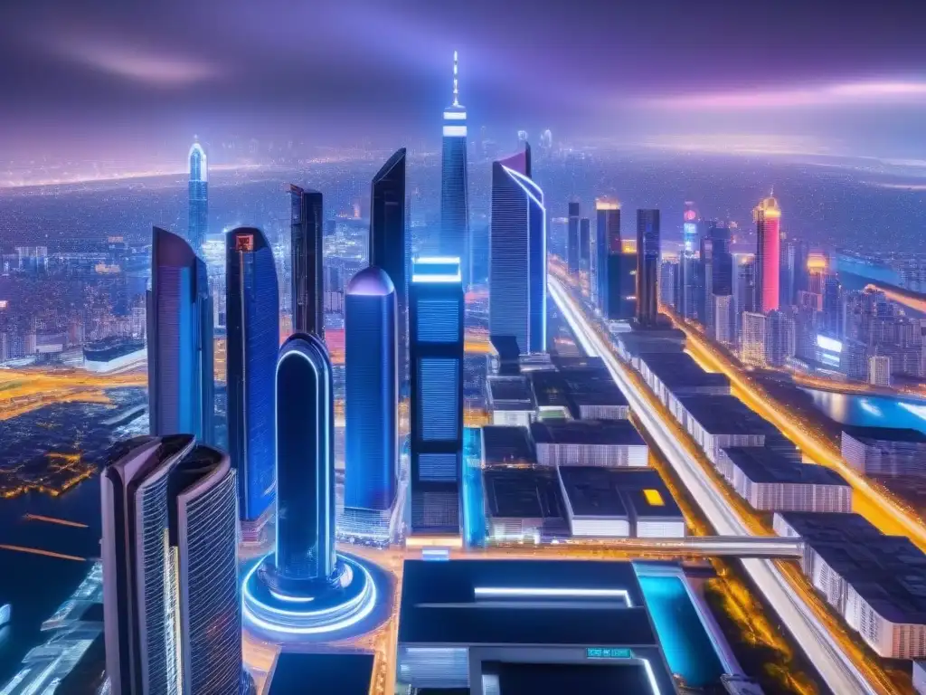 Metrópolis futurista: luces neón y tecnología AI en el mercado inmobiliario Un futuro urbano futurista con rascacielos modernos iluminados por luces de neón, mostrando el marketing inmobiliario personalizado con IA