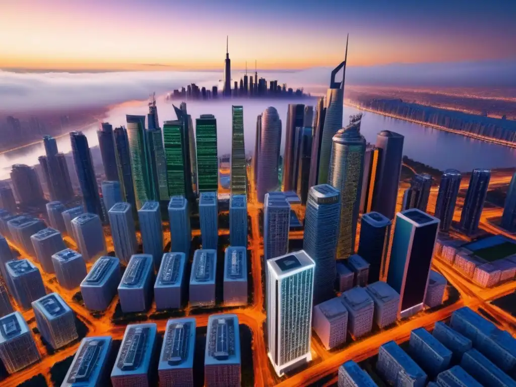 Metrópolis futurista: armonía entre tecnología y naturaleza al atardecer Un futuro urbano impactante con tecnología y naturaleza en armonía, reflejando el avance en leyes internacionales de inversión inmobiliaria