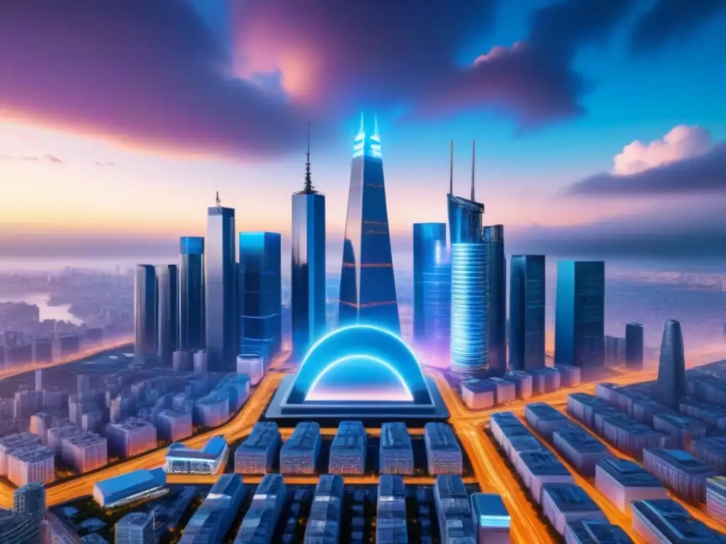 Metrópolis futurista: fusión real estate y criptomonedas Un futuro urbano donde se invierte en inmuebles con criptomonedas, fusionando lo tradicional con lo digital