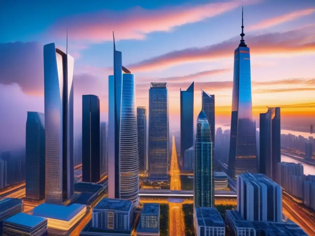 Metrópolis futurista: arquitectura moderna y tecnología avanzada Un futuro urbano lleno de innovación y sofisticación con rascacielos reflejando el atardecer y una bulliciosa calle