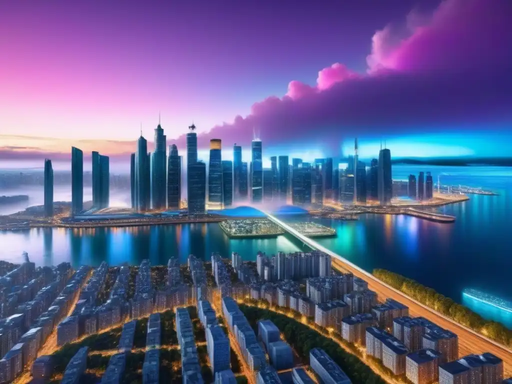 Metrópolis futurista: fusión armónica de naturaleza y modernidad Un futuro urbano en armonía con la naturaleza, reflejando el impacto geopolítico en la inversión inmobiliaria global