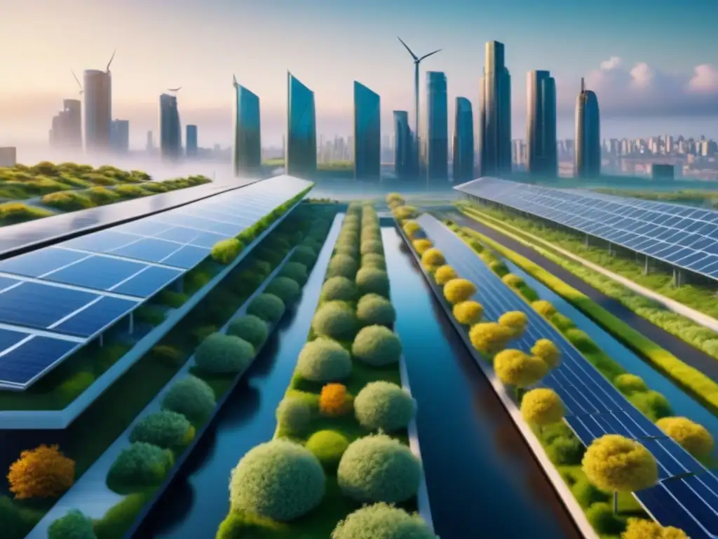 Metrópolis futurista: arquitectura sostenible y vida ecoamigable en 8k Un futuro urbano sostenible con arquitectura moderna y energías renovables integradas
