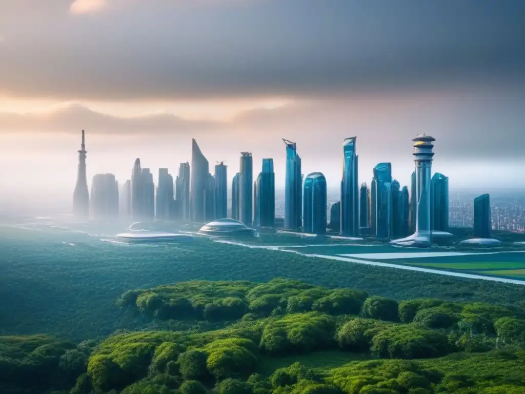 Cityscape futurista eco-friendly: arquitectura verde en 8k Un futuro urbano sostenible con normativas ambientales en el mercado inmobiliario global
