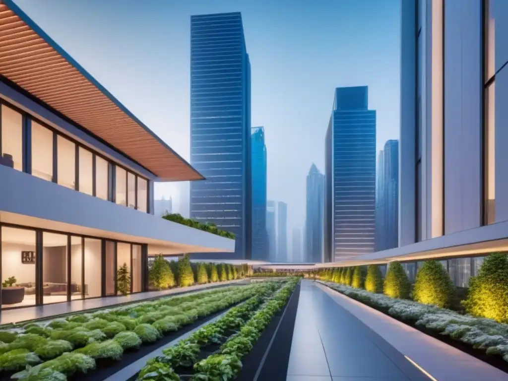 Desarrollo urbano futurista con diseño sostenible Un futuro urbano sostenible con rascacielos, espacios verdes y vehículos eléctricos