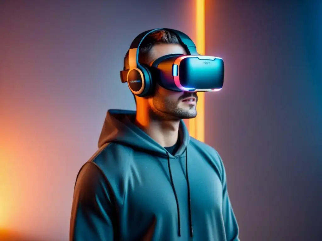 Casco de realidad virtual futurista: tecnología avanzada en alta definición Experimenta el futuro con un visor de Realidad Virtual en Inversiones Inmobiliarias, iluminado y detallado en alta definición