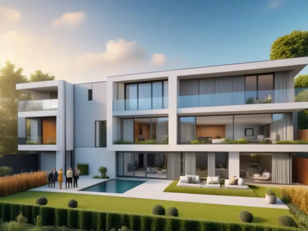 Generaciones en armonía: vivienda moderna y diversidad Representación 8k de generaciones diversas frente a edificio moderno, reflejando preferencias inmobiliarias generaciones internacionales