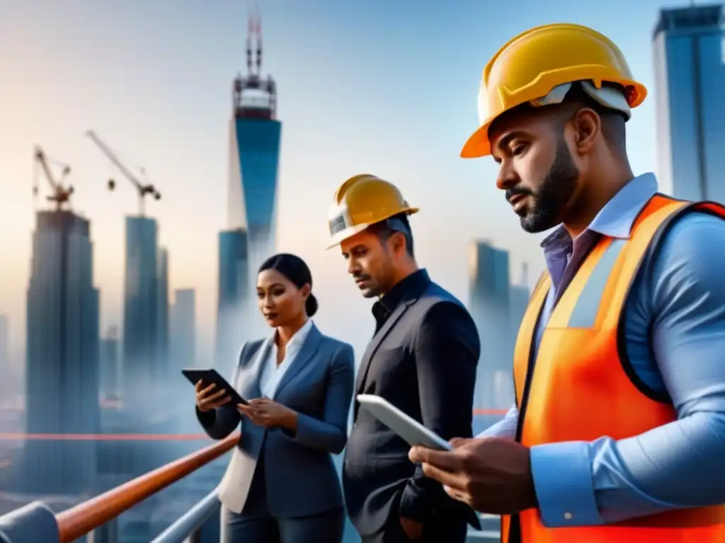 Colaboración global en diseño de rascacielos futuristas Colaboración global de arquitectos y trabajadores en un rascacielos futurista, reflejando normativas construcción internacional inversor global