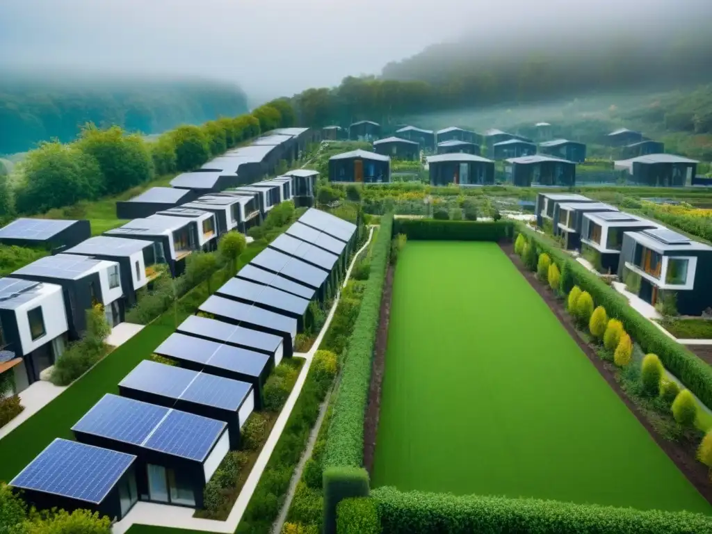 Innovador cohousing: arquitectura sostenible y colaborativa Innovación en cohousing global: Comunidad moderna con diseño arquitectónico innovador, áreas comunes y paneles solares brillando bajo el sol