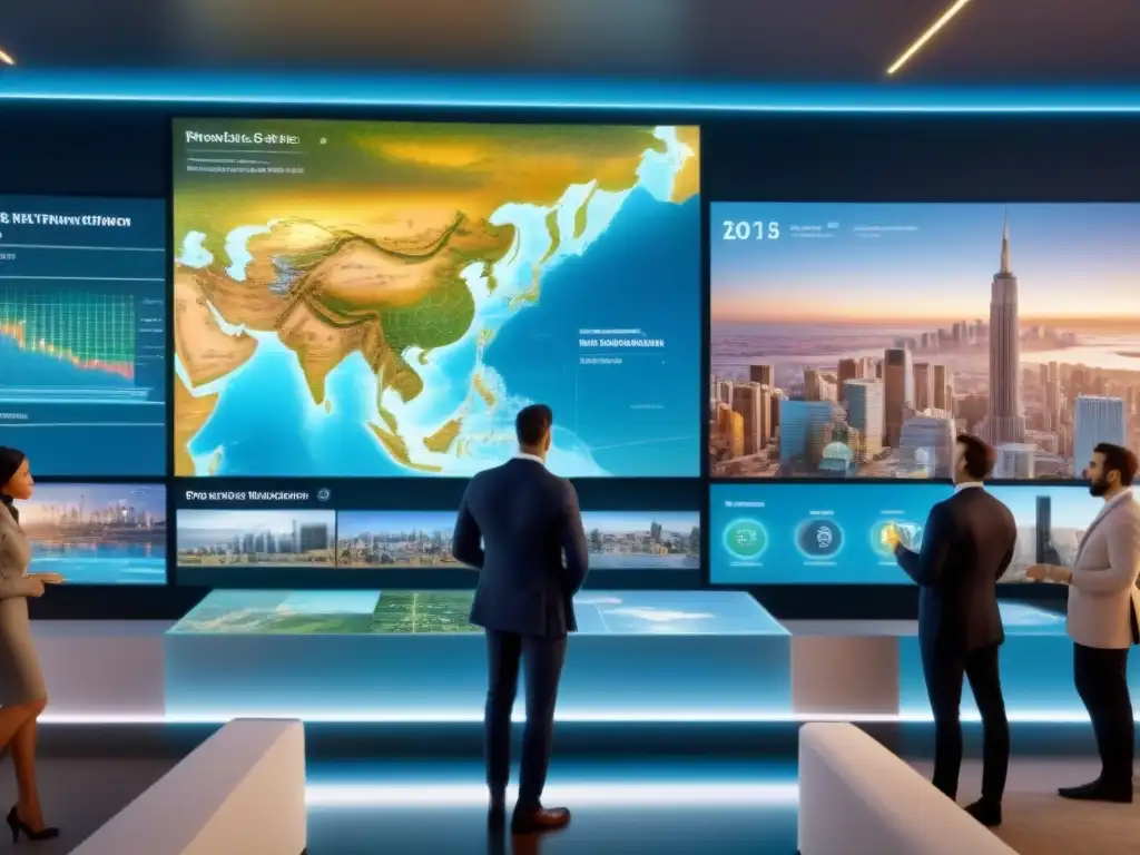 Inversión global Crowdfunding inmobiliario: Grupo diverso de inversores entusiasmados frente a holograma futurista de propiedades inmobiliarias