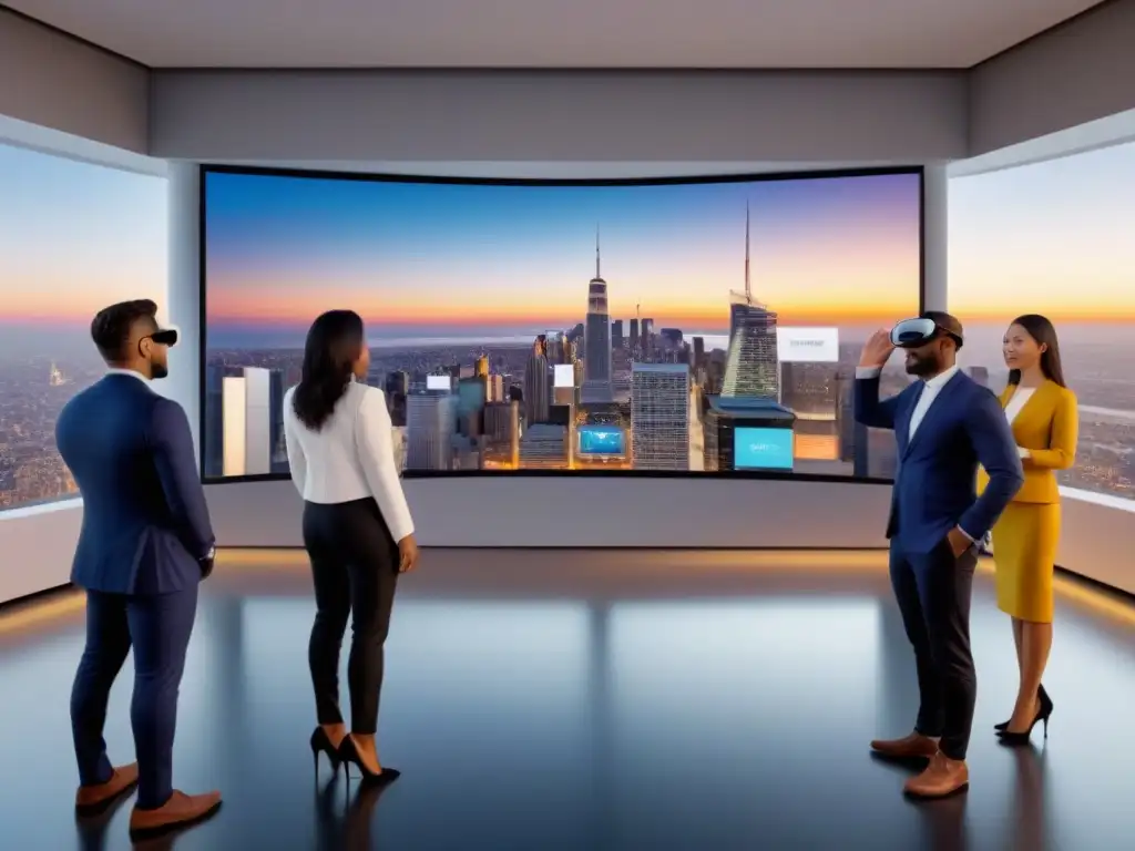 Inversión global Crowdfunding inmobiliario: Diversos inversores entusiasmados colaboran en un proyecto de rascacielos en realidad virtual